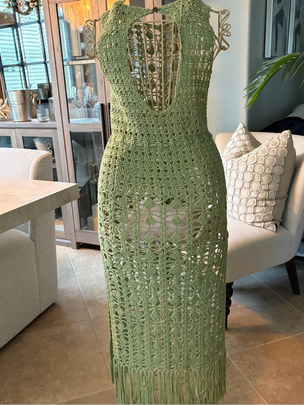 Lulu's Olive Green Crochet Fringe Maxi Dress or Cover Up - Picture 2 of 5